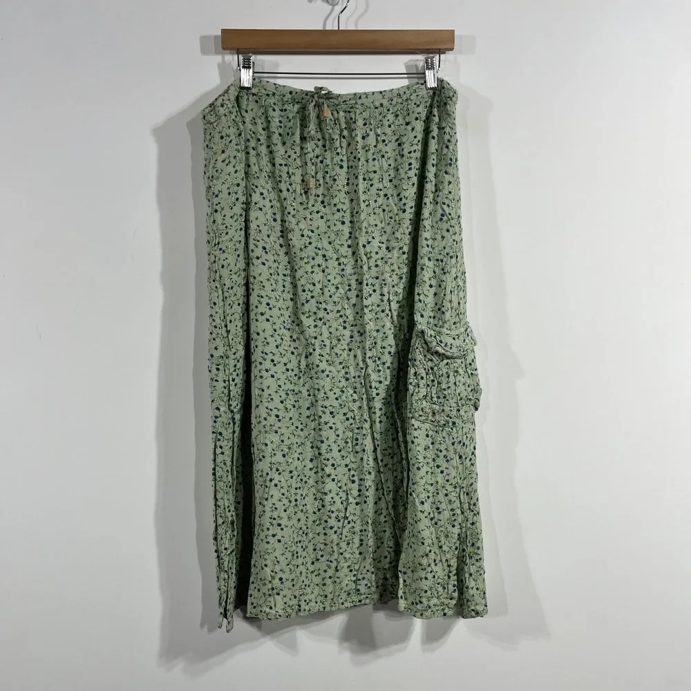 Vintage BlueSky Boho Fairy Grunge Floral Embroidered Midi Skirt Green Cargo Lg